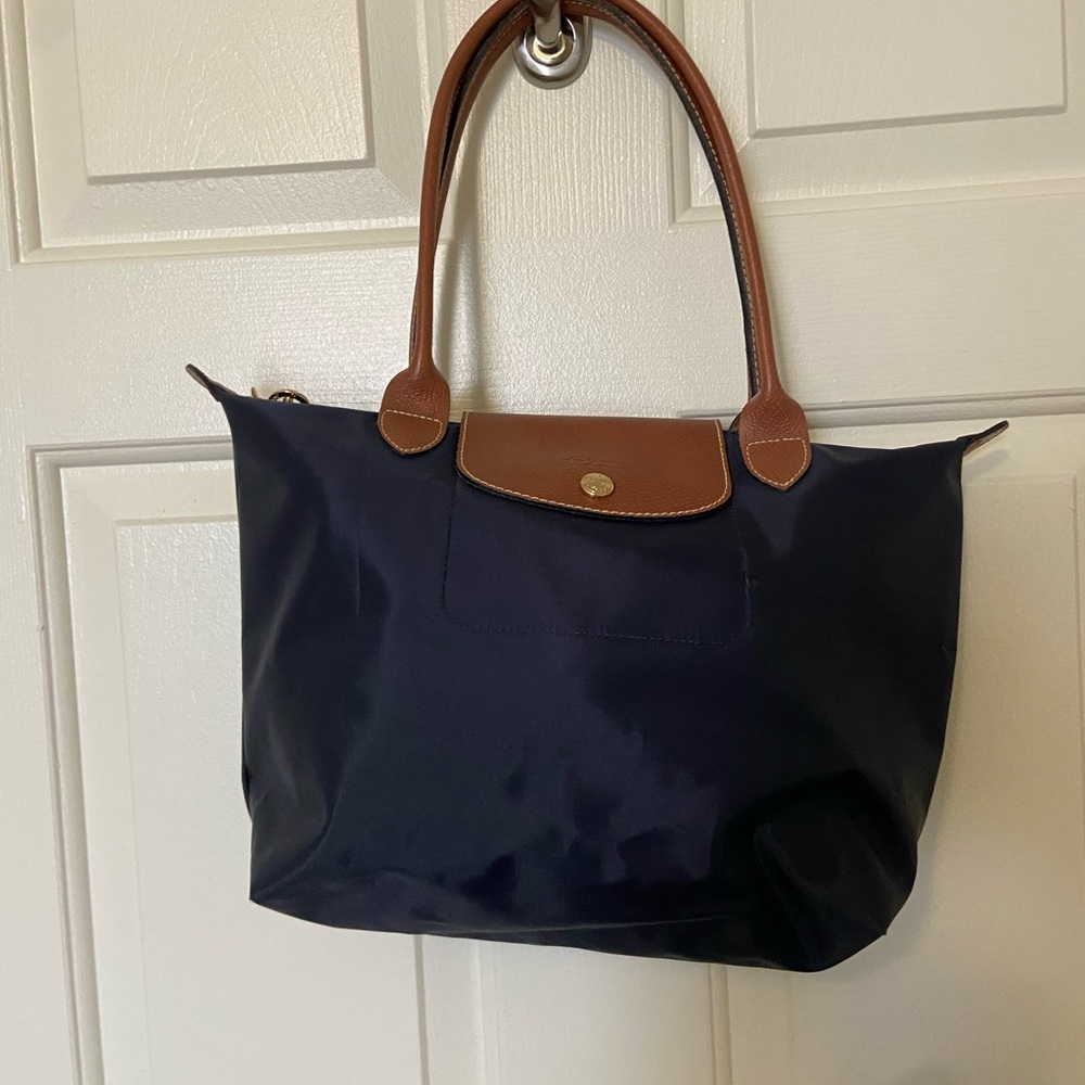 Longchamp Navy Tote with Brown Handles